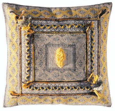 Coussin Mykonos inspiration ethnique rayures et pompons jaune 45x45 - Toulemonde Bochart