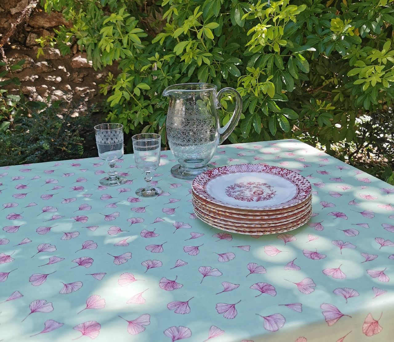 Nappe Mosaïque vert coton enduit ourlée ovale 160x200 - Fleur de Soleil