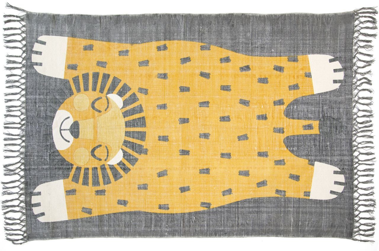 Tapis à Frange Baba Gris Et Jaune Motif Lion Couché Coton