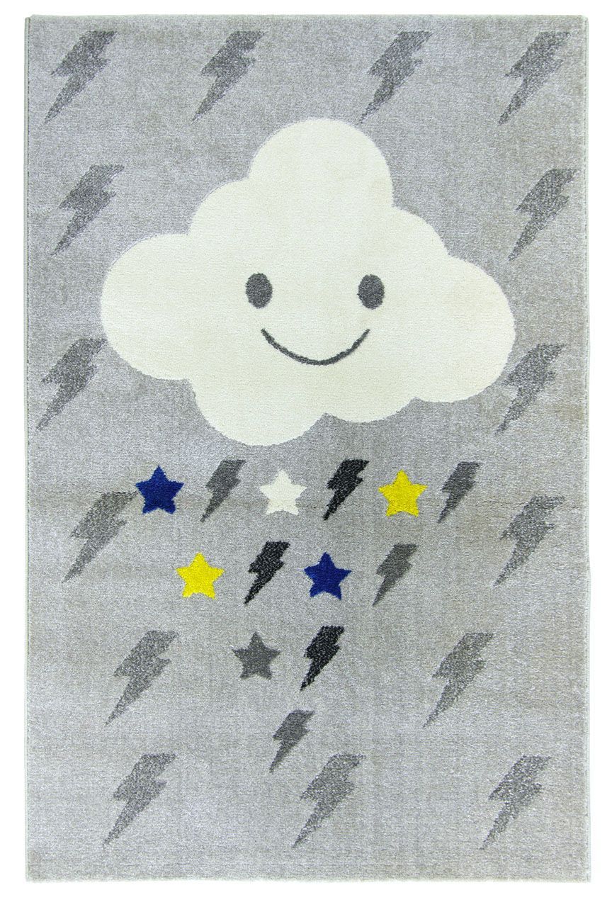 Tapis Polypropylène Motif Nuage éclairs étoiles Gris Jaune Et Bleu Max